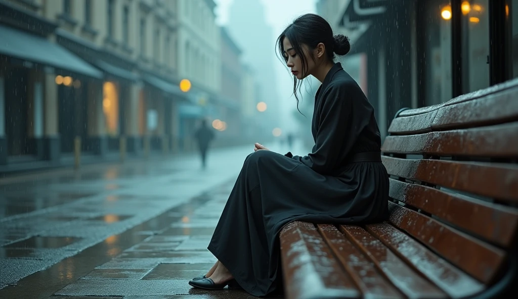 Beautiful woman sitting on a bench ,Raining 4k details