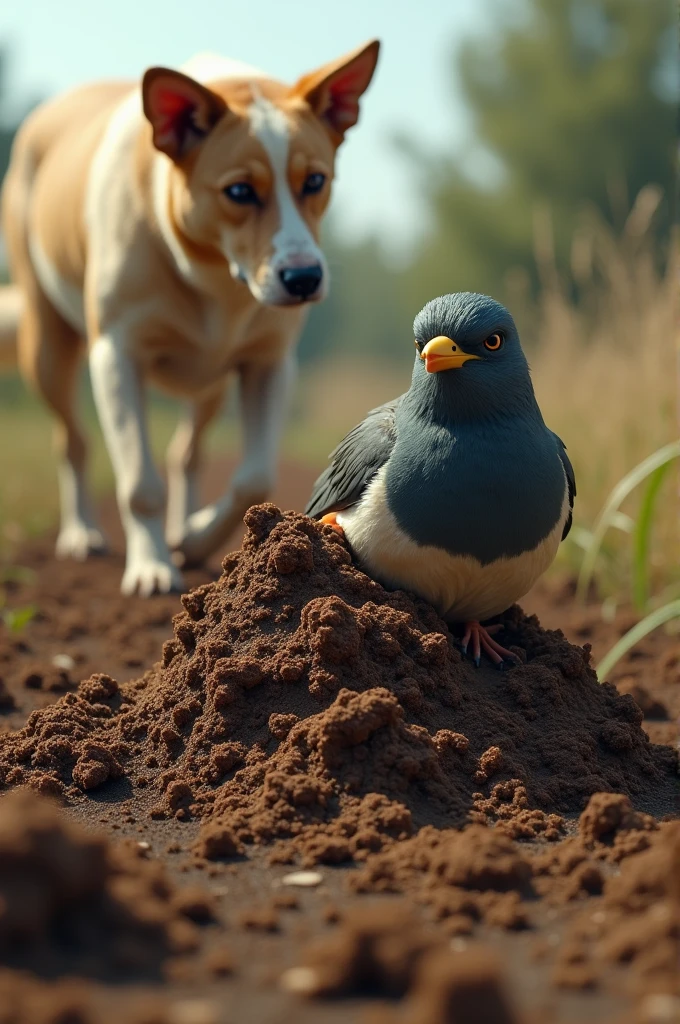 Suddenly the cow dung and the bird got buried in the dung and it could not fly and a dog came from the other side.