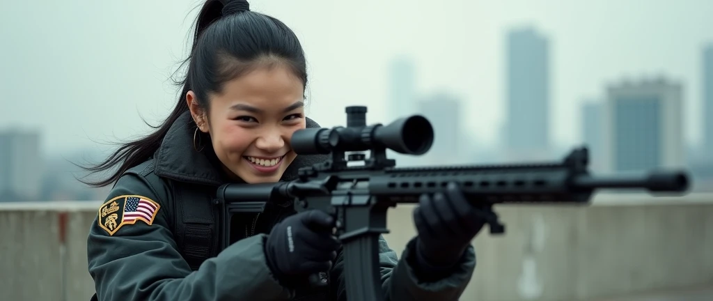 so much swagger trained marine corp militant asian female smug grin sneer. with an attitue vengance she adorn with pony tail hairstyle adorn hip hop rap style in kevlar black military attire armour sniper rifle on rooftop standing absolute disrespect mockign gestures