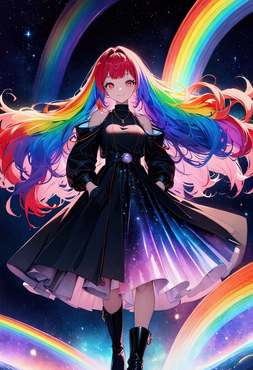 (((Digital Art Style))) One Woman,Gal,Long Hair,(Rainbow Hair),Bangs parted in the center,Black headphones,necklace,Look here,Red eyes,Big Eyes,Smile Drop Shoulder Dress,Volume sleeve,Iridescent skirt,Put your hands in your pockets,Black boots,night,Space Background,End of the Galaxy,Planetarium style,Backlight,masterpiece,Highest quality,Exquisite,8k,Absurd,Ultra-fine illustrations,(View your audience)