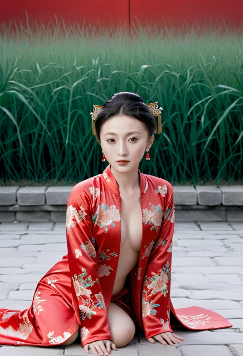 Female emperors of the Qing Dynasty, A naked woman wearing a red floral patterned Hanfu jacket, crouching with her legs open, seen from the front, Outside the Qing Dynasty Palace