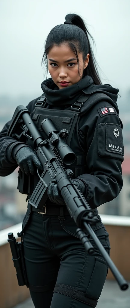 so much swagger trained marine corp militant asian female smug grin sneer. with an attitue vengance she adorn with pony tail hairstyle adorn hip hop rap style in kevlar black military attire armour sniper rifle on rooftop standing absolute disrespect mockign gestures