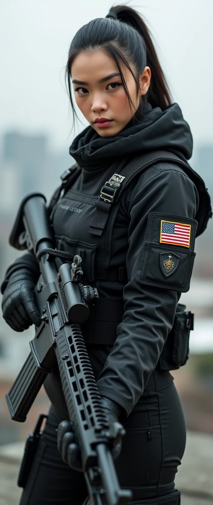so much swagger trained marine corp militant asian female smug grin sneer. with an attitue vengance she adorn with pony tail hairstyle adorn hip hop rap style in kevlar black military attire armour sniper rifle on rooftop standing absolute disrespect mockign gestures