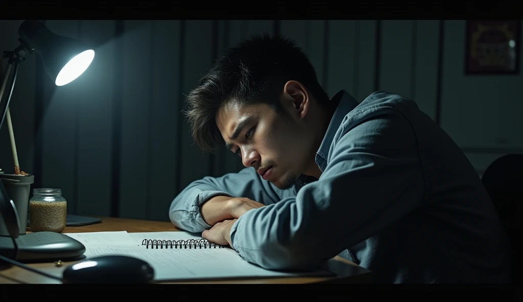 (Masterpiece:1.2,Highest quality,Ultra high resolution,very detailed,realistic,Ultra high resolution,8ก,Wallpaper,(Take photos in the room),(The image shows a detailed picture of a young man who is tired and lying on his desk.),nighttime,Thailand,The quiet and eerie landscape,horror