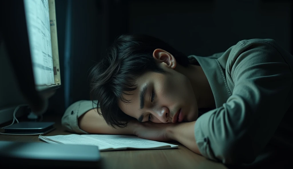 (Masterpiece:1.2,Highest quality,Ultra high resolution,very detailed,realistic,Ultra high resolution,8ก,Wallpaper,(Take photos in the room),(The image shows a detailed picture of a young man who is tired and lying on his desk.),nighttime,Thailand,The quiet and eerie landscape,horror