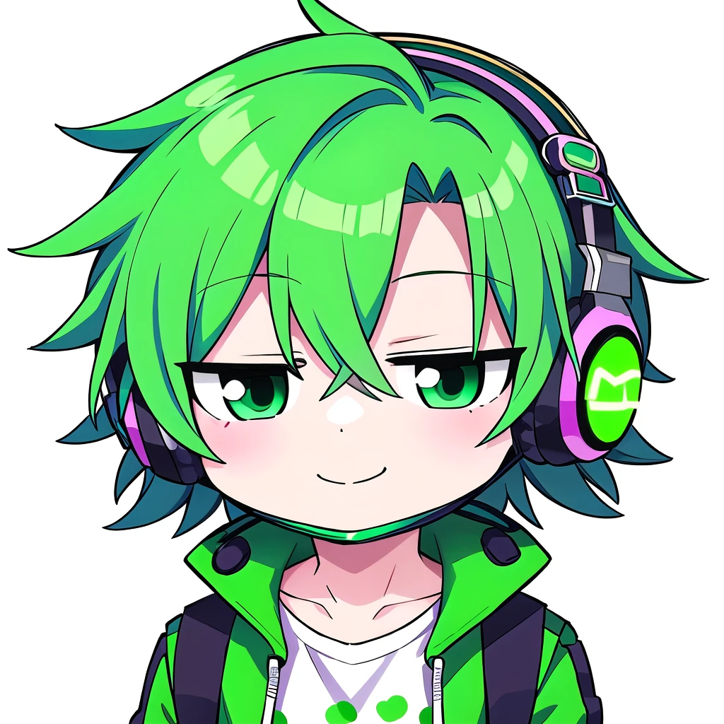 1 kpop boy, (chibi:1.4), smile, closed mouth, standing, , green hair, green gloves, face mask, cool colorful jacket, listening to his headphones, green messy curly hair, neon glowing style, cool background