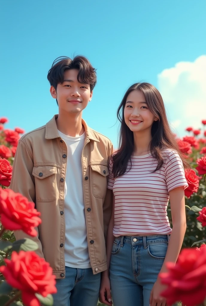 Chinese high school students,Couple,Wearing a striped top,blue sky,Red roses,Reality,Realistic Photography