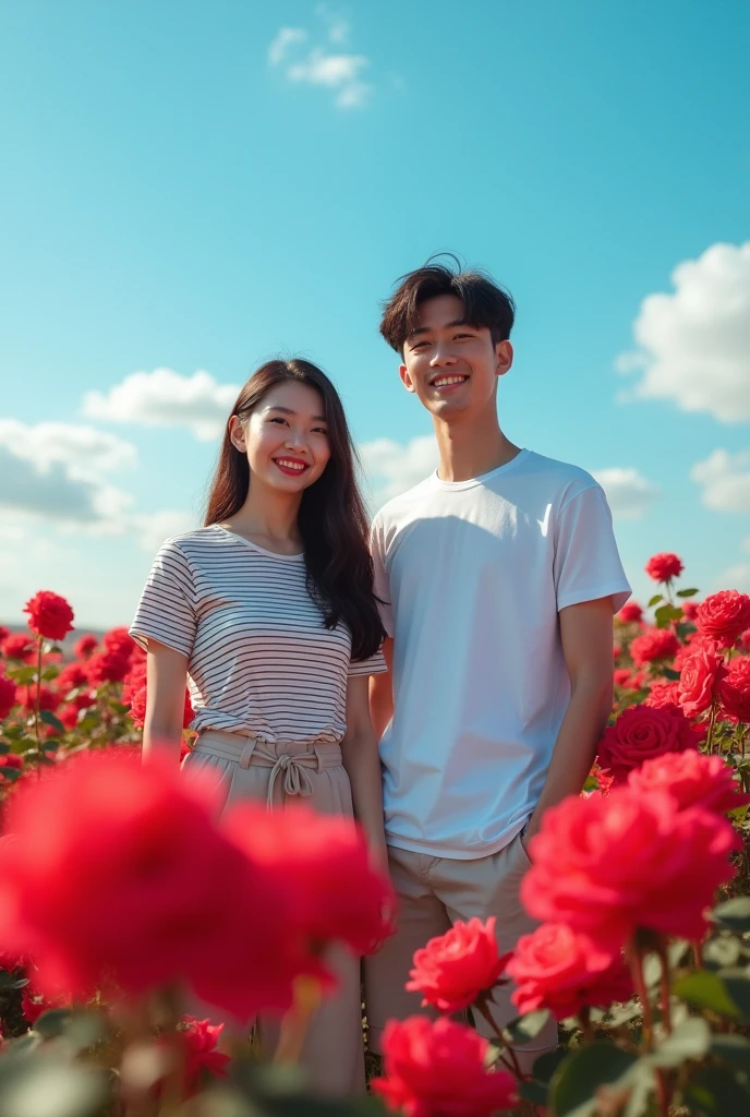 Chinese high school students，Couple，Wearing a striped top，blue sky，Red roses，Reality，Realistic Photography
