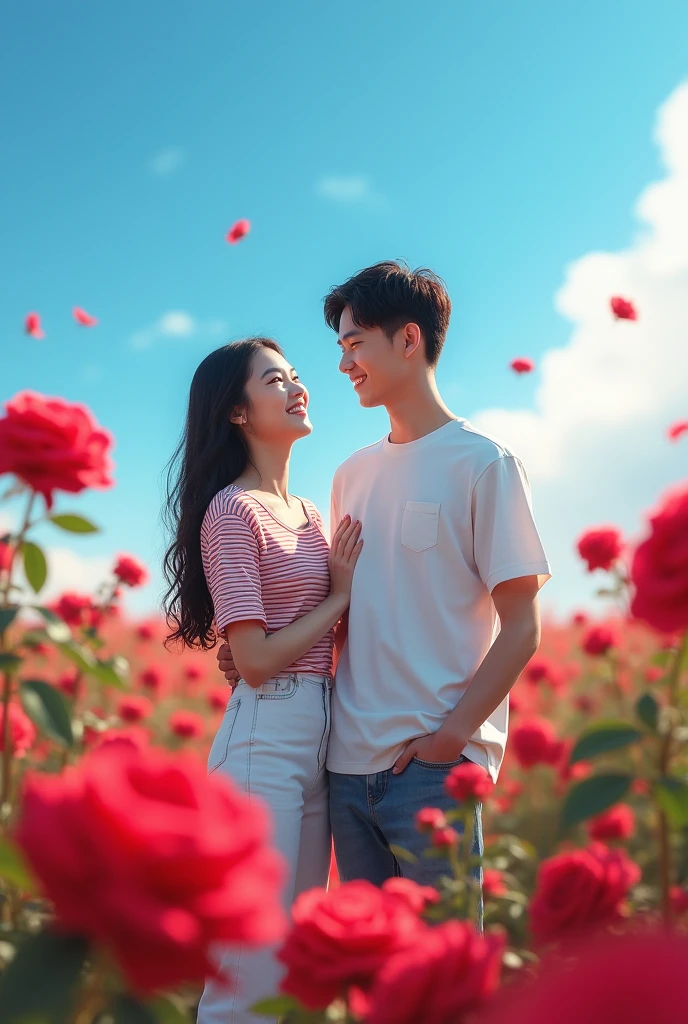 Chinese high school students，Couple，Wearing a striped top，blue sky，Red roses，Reality，Realistic Photography