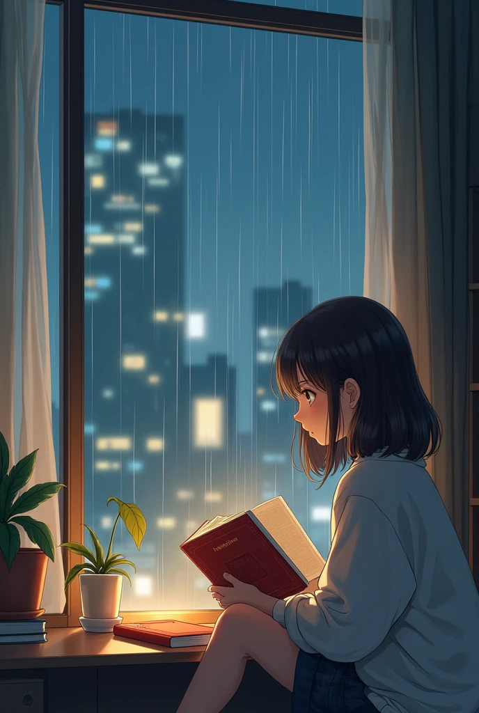 "Create an anime-style illustration of a young girl reading a book by a window while it rains outside. The scene is set in a cozy Tokyo apartment. The girl should be depicted with a calm and focused expression, wearing comfortable, casual clothing. The window should show raindrops streaming down, with a blurred view of Tokyo’s cityscape in the background, including high-rise buildings and city lights. Use a warm, soft color palette to convey a serene and comforting atmosphere. Ensure the scene captures the peacefulness of reading while listening to the sound of rain in a bustling urban setting."