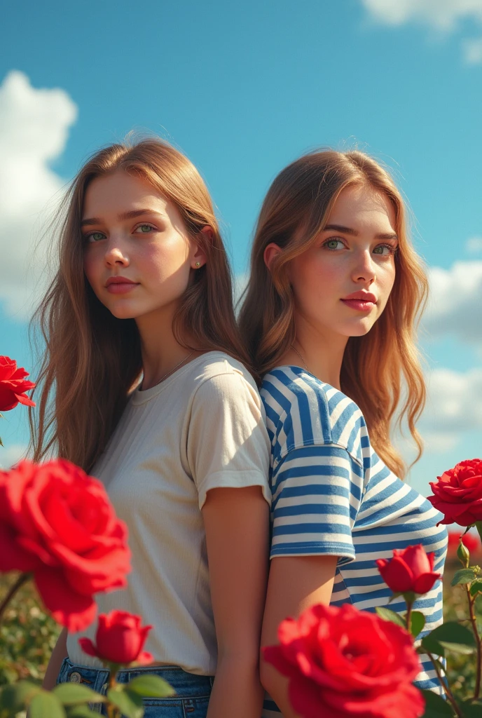 rs and teenageTwo people，Wearing a striped top，blue sky，Red roses，Reality，Realistic Photography