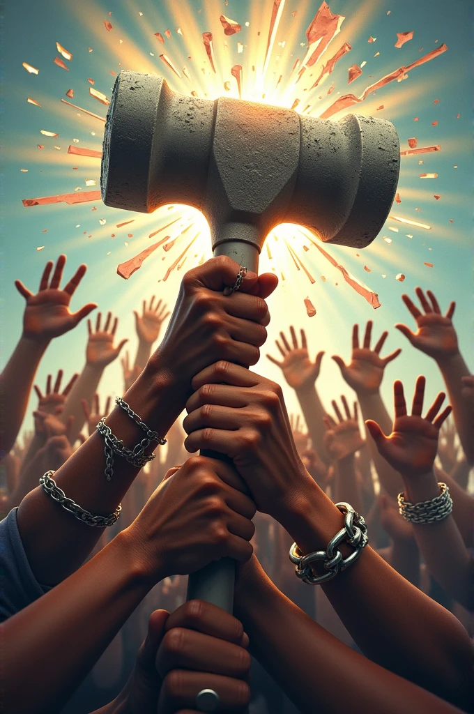 Create a poster on heal the world with chains being broken by hammer held by a lot of hands showing unity