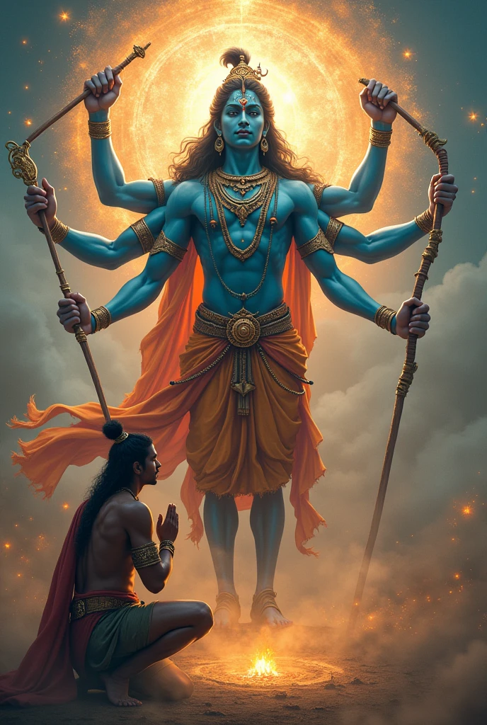 ((Shri krishna in his best ancient Hindu warrior attire in his universe form giving knowledge of Geeta to Arjun, Arjun is the greatest warrior in the world in his warrior attire like one of ancient Hindu warriors with his bow, bow is very powerful,Arjun is muscular man wearing dhoti and shield like clothes, arjun is bent on knee , adding his both hands in the centre of his chest 