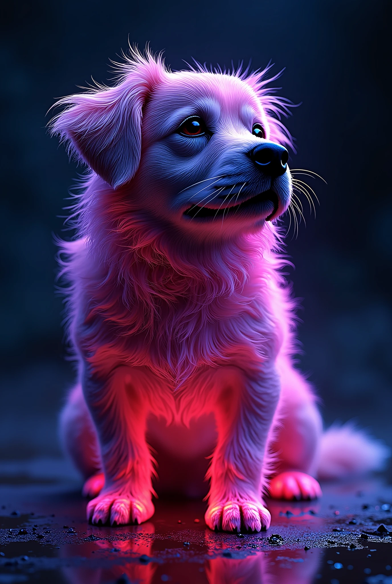 Fluorescent Color, 1 dog,Color fluorescence, Upper Body, Shiny hair, dark, Throw, Dynamic Angle, (((main part))), (((Better quality))), ((Extremely detailed)), (illustration), (Detail Light), ((Extremely beautiful)), dramatic_shadow, Light_track, reflection, Ultra-high resolution, laser