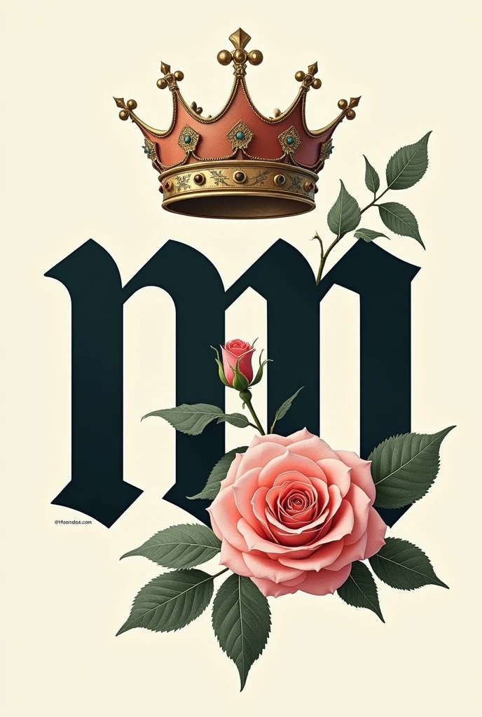 capital typografifont written "NM" bold,artistic,with a rose flower beside it,with a crown on top of it