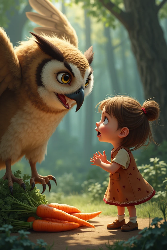 Consequences are faced...*

But, oh no! The owl caught Rosie stealing his carrots. He scolded her, flapping his wings and hooting loudly. Rosie felt ashamed and scared, realizing she had made a mistake. She promised to make it right and apologized for her actions.