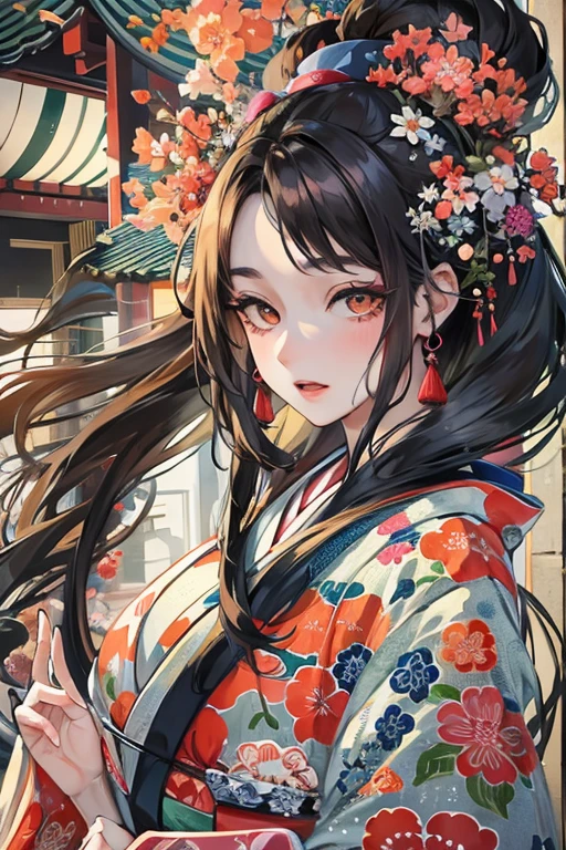 A beautiful woman in a kimono shows her upper white teeth、Vividly colored Japanese Ukiyo-e style illustrations、SeaArt creates stunning illustrations of beautiful women in kimono、Brown-black long hair、Full Body Style、Beautiful digital illustrations,、Beautiful digital painting, Anime CG art, Detailed digital anime art,  Beautiful anime portraits