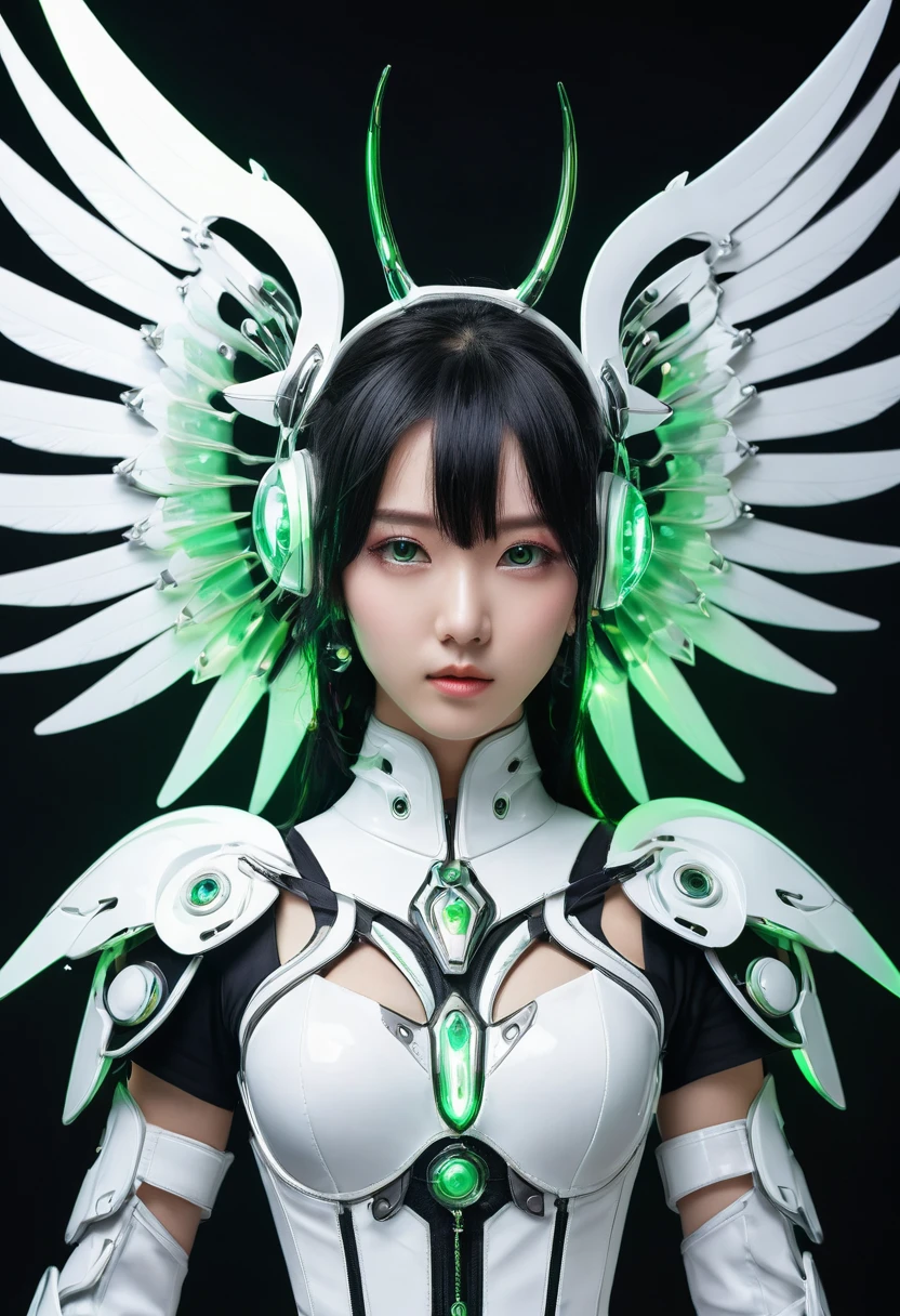 ((masterpiece, Highest quality, Best image quality, High resolution, Realistic, RAW Photos, 8k)), ((Highly detailed CG synthesis 8k wallpaper)), (So hot and beautiful、Beautiful feet、Full body portrait、whole、Incredible beauty, Perfect Proportions)、(((Japanese)))、((1 young girl))、((((:1.4))))、blonde、Cowboy Shot、Corrosive、reflection、Ray Tracing、Demo Theme、compass、Greenling、Holiness、Cyber Effects、長いBlack Hair、Green Disk Device、Purple glowing reactor、Green Light Straight Head、alone、白とGreen decorationメカ、Dressed in white and green、Futuristic Bodysuit Dress、White and green Greek dress、Green decoration、銀のwing decoration、wing decoration、Hair decoration、Silver wing head ornament、白と緑のwing decoration、Mechanical Ear Cuff、Futuristic circular ear cuff、Mechanical Harrow、Hello Star、White and green futuristic body armor、Complex futuristic bodysuit、Mecha Corset、Stylish futuristic armor、Future Wing Gadget、Left and right disk units、Two complex futuristic flight plate gadgets、Futuristic gadget with left and right discs、Shining Futuristic Wing Core、Hair between the eyes、Black Hair、Starry Sky、Rainbow Eyes、Shining Eyes、Eye Imprint、Random facial expressions、Random Actions、Starry Sky、Skyline