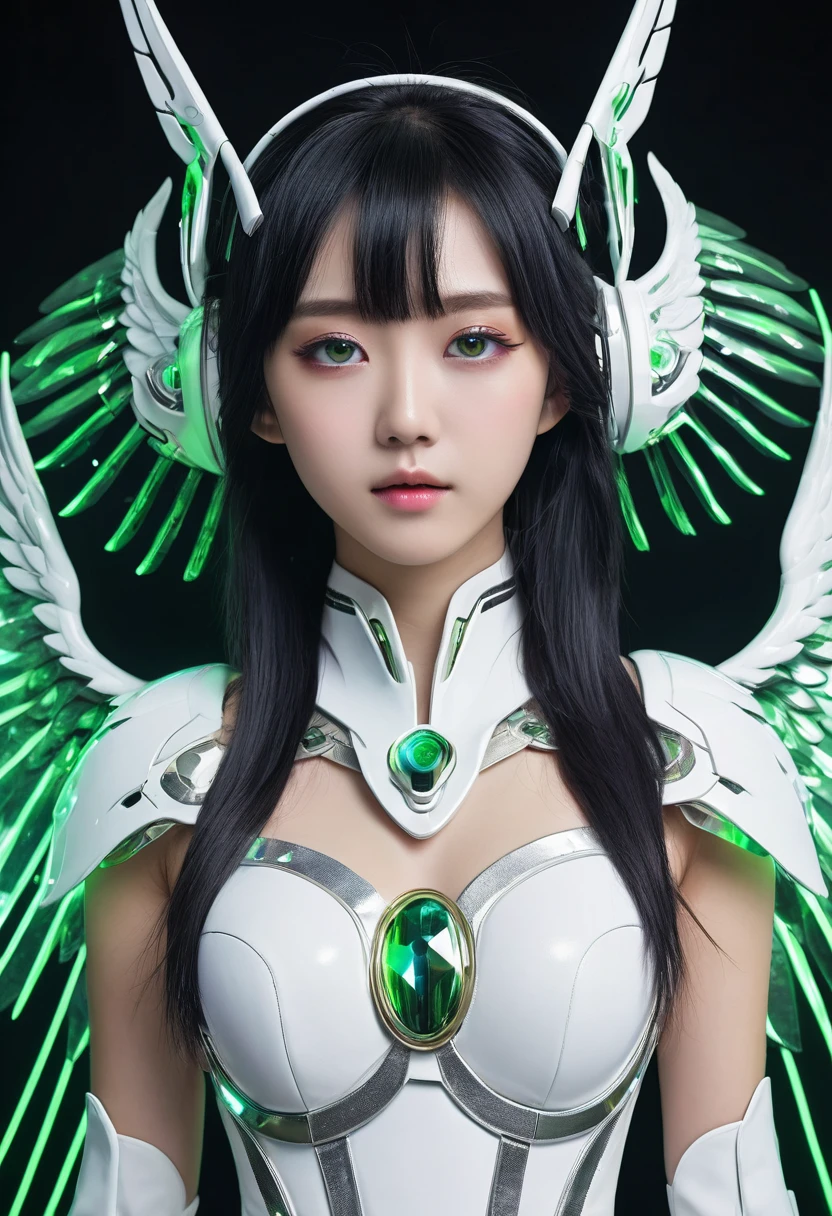 ((masterpiece, Highest quality, Best image quality, High resolution, Realistic, RAW Photos, 8k)), ((Highly detailed CG synthesis 8k wallpaper)), (So hot and beautiful、Beautiful feet、Full body portrait、whole、Incredible beauty, Perfect Proportions)、(((Japanese)))、((ung girl))、((((:1.4))))、blonde、Cowboy Shot、Corrosive、reflection、Ray Tracing、Demo Theme、compass、Greenling、Holiness、Cyber Effects、長いBlack Hair、Green Disk Device、Purple glowing reactor、Green Light Straight Head、alone、白とGreen decorationメカ、Dressed in white and green、Futuristic Bodysuit Dress、White and green Greek dress、Green decoration、銀のwing decoration、wing decoration、Hair decoration、Silver wing head ornament、白と緑のwing decoration、Mechanical Ear Cuff、Futuristic circular ear cuff、Mechanical Harrow、Hello Star、White and green futuristic body armor、Complex futuristic bodysuit、Mecha Corset、Stylish futuristic armor、Future Wing Gadget、Left and right disk units、Two complex futuristic flight plate gadgets、Futuristic gadget with left and right discs、Shining Futuristic Wing Core、Hair between the eyes、Black Hair、Starry Sky、Rainbow Eyes、Shining Eyes、Eye Imprint、Random facial expressions、Random Actions、Starry Sky、Skyline