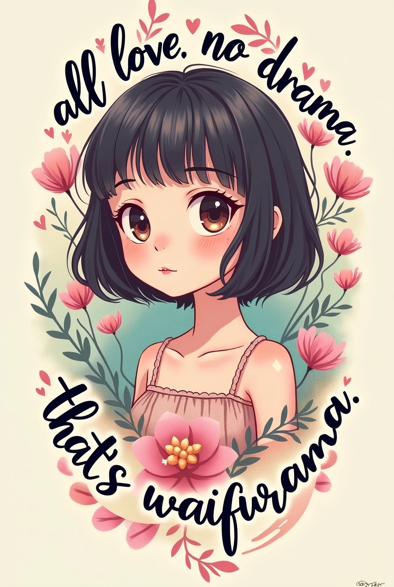 waifu tattoo design that reads "All Love. No Drama. That's Waifurama", ulzzang,