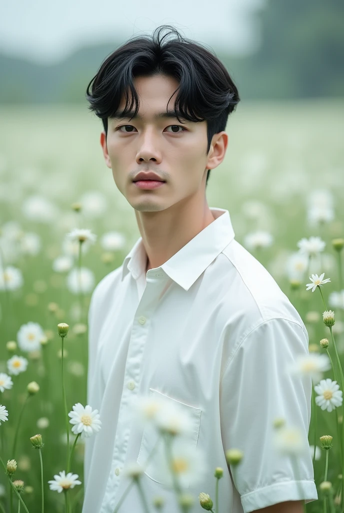 1boy, male focus, solo, shirt, flower, outdoors, black hair, looking at viewer, white shirt, upper body, day, collared shirt, realistic, blurry background, short sleeves, black eyes, short hair, white flower, flower field, grass, lips, nature