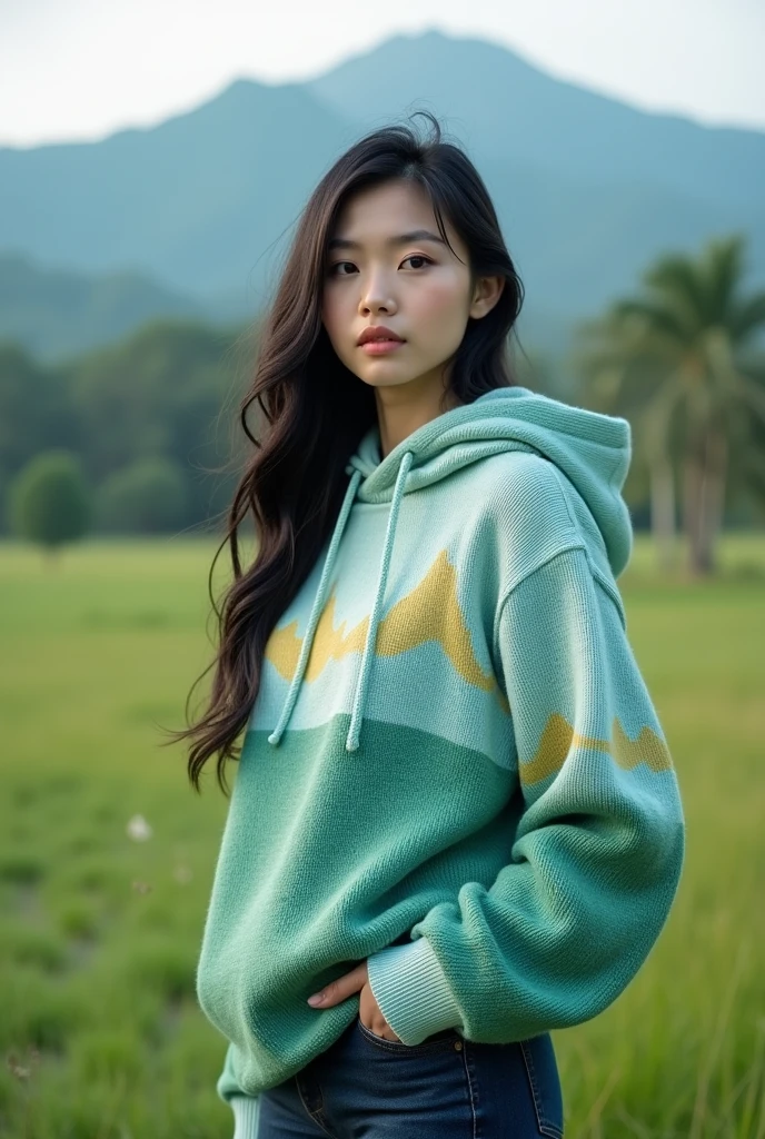 Beautiful Korean woman with clean white skin, green-black hair, Perfect young body, Swiss, lembah alaps,hoodie rajut hijau muda biru muda,decorated with Raja Ampat mountain motifs, Dark Blue Jeans,Realistic original photo