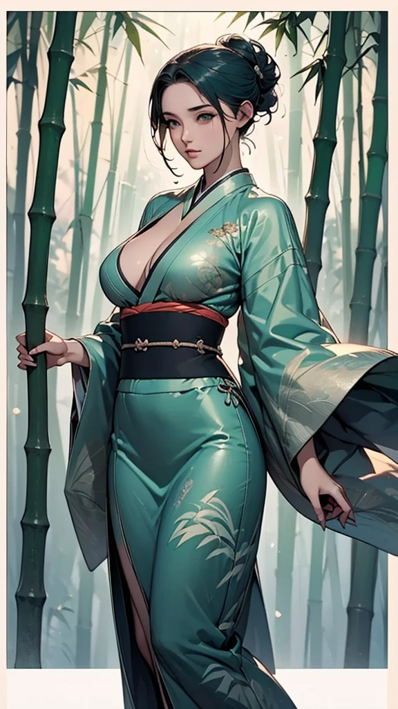 1 Girl, heroine, good looking, Splattered ink, Chinese Armor,( dark green Hair, updo, Floating Hair), Delicate eyes, (Antique black and green damask patterned Hanfu, sexy cleavage and figure), attractive pause, front view, (F1.8), (masterpiece, best quality, perfect anatomy, absolutely high resolution), (bamboo groove , Fluttering bamboo leaves Background), (Movie Posters), arms