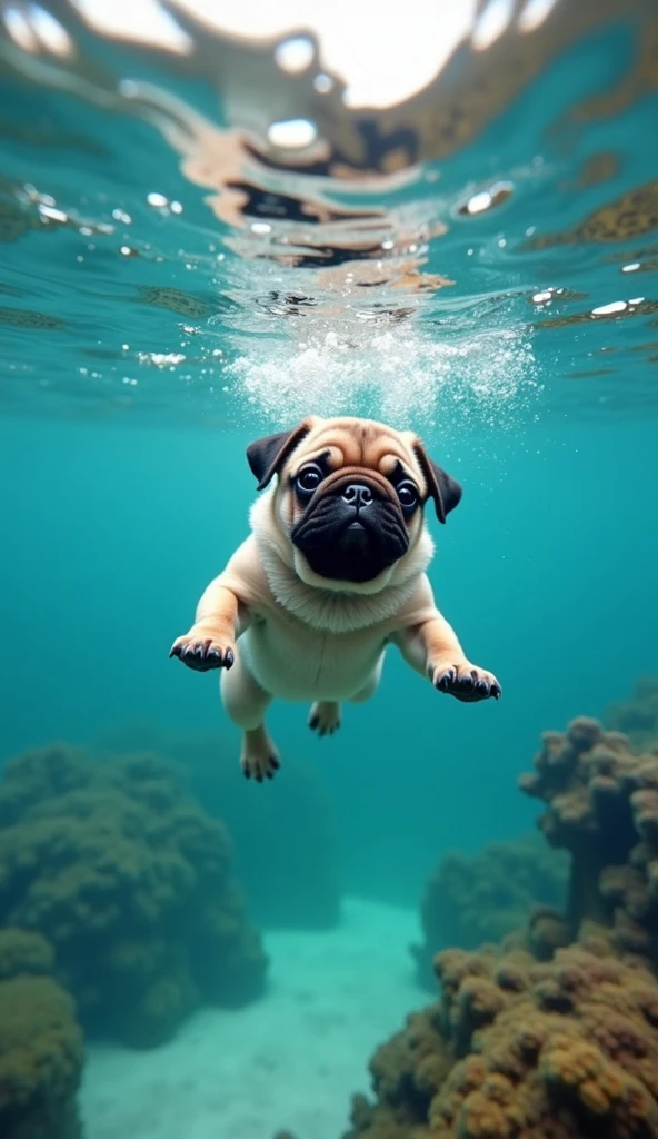 realistic photo, 34k, A puppy pug in swimming trunks, diving to the bottom of the sea, he exhales air and creates bubbles from under the water, photo