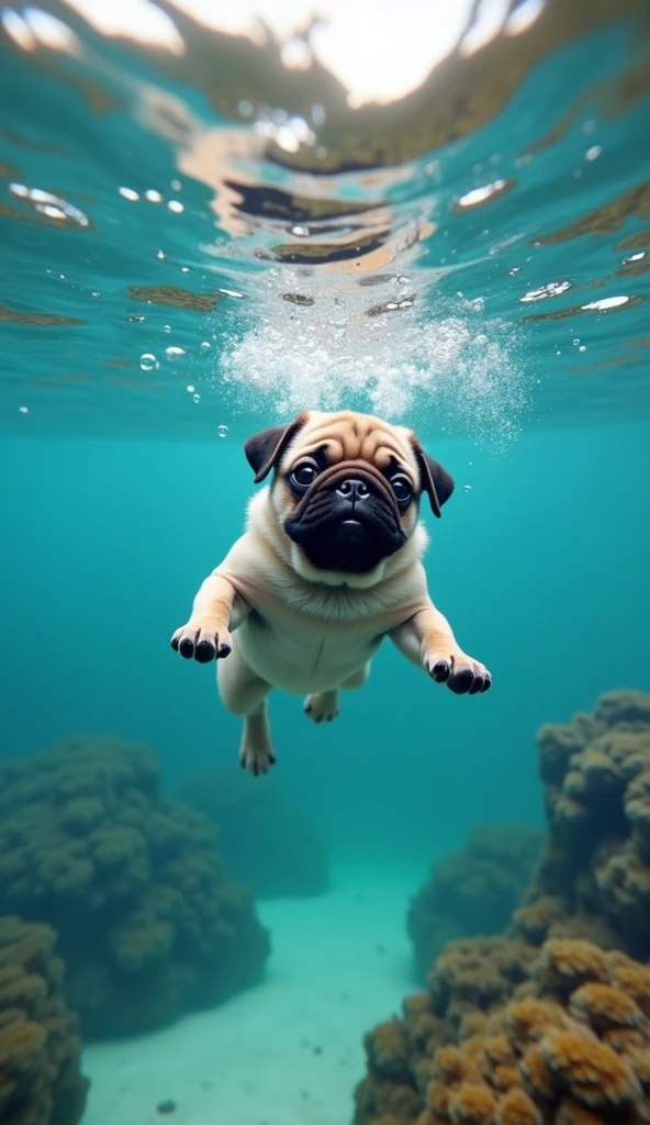 realistic photo, 34k, A puppy pug in swimming trunks, diving to the bottom of the sea, he exhales air and creates bubbles from under the water, photo