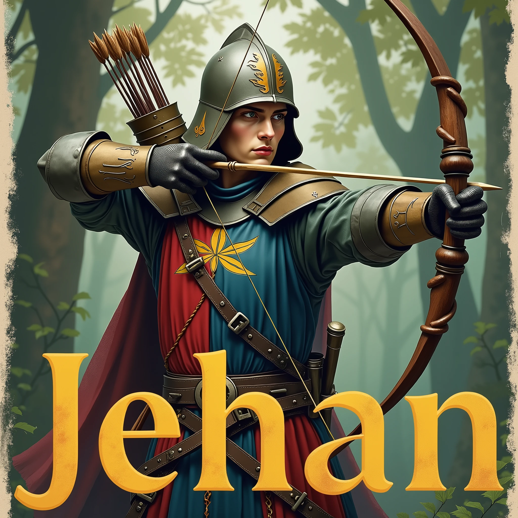 A poster depicting an archer, bending a bow, with a quiver full of arrows. wearing light armor and damaged, archer hat, gloves, very battle-damaged, blue and red coat of arms and thin vertical yellow sword painted upwards between 2lily flowers, . He has pale skin, sneaky face. (He's in a forest with the words "Jehan" written in large golden letters in the foreground).