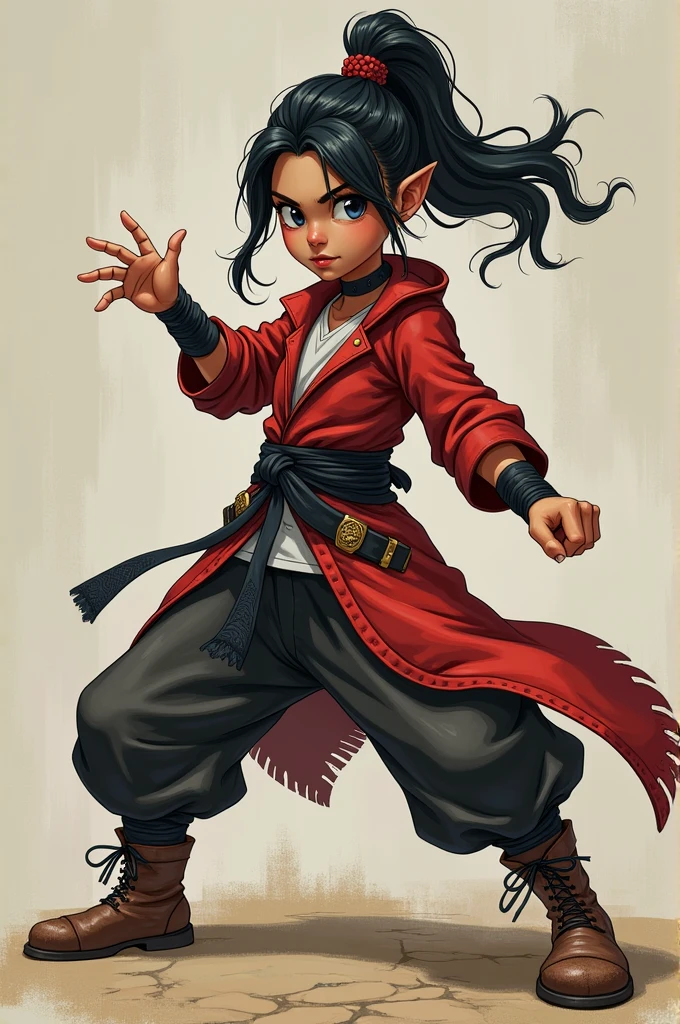 A young half-orc woman, thin and short, with some bands wrapped around the wrists, as a martial artist, and a pirate coat, made with anime lines, thick contours and minimally gothic style