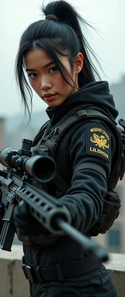 so much swagger trained marine corp militant asian female with an attitue vengance she adorn with pony tail hairstyle adorn hip hop rap style in kevlar black military attire armour sniper rifle on rooftop standing absolute disrespect