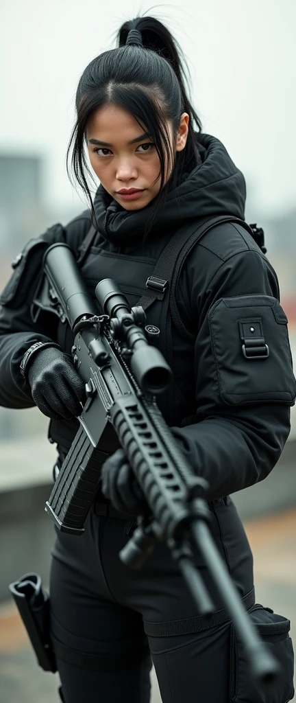 so much swagger trained marine corp militant asian female with an attitue vengance she adorn with pony tail hairstyle adorn hip hop rap style in kevlar black military attire armour sniper rifle on rooftop standing absolute disrespect