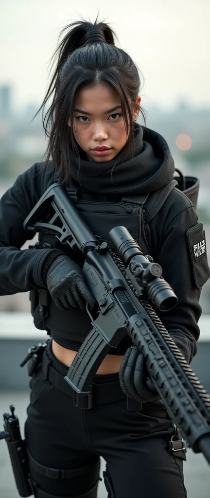 so much swagger trained marine corp militant asian female with an attitue vengance she adorn with pony tail hairstyle adorn hip hop rap style in kevlar black military attire armour sniper rifle on rooftop standing absolute disrespect
