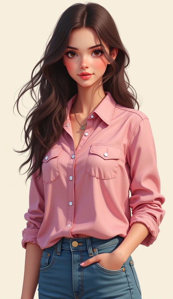 ((masterpiece,best quality,8k,highres)),((character concept art)), 1 female, young adult female, university student, 1, 170 cm height, (long brunette hair), brunette hair, (fair skin colour), ultra finely detailed eyes (brown eyes colour), sexy, pretty, hot, flirty, charming, funny, kind, playful, sugar baby, perfect body build ((supermodel)), ((intricate detail)), super finely detailed hands, ultra finely detailed fingers(((ten fingers))), wearing pink Oxford shirt and denim jeans (unbuttoned:1.8),(standing still), ((full body showcase)), ((show full body)), (no logos on background), (no logo), ((plain background)), ((plain background)), (((empty background)))