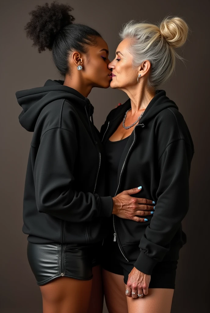 black woman hair in a bun black hoodie black leather short shorts a old grandma in a dress in between her legs kissing her pussy porn lesbians sexy