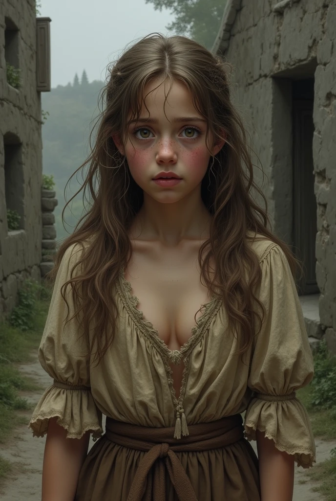 An image of a girl in the medieval period, brown long hair, traditional short poor dress, deep cleavage, scared.