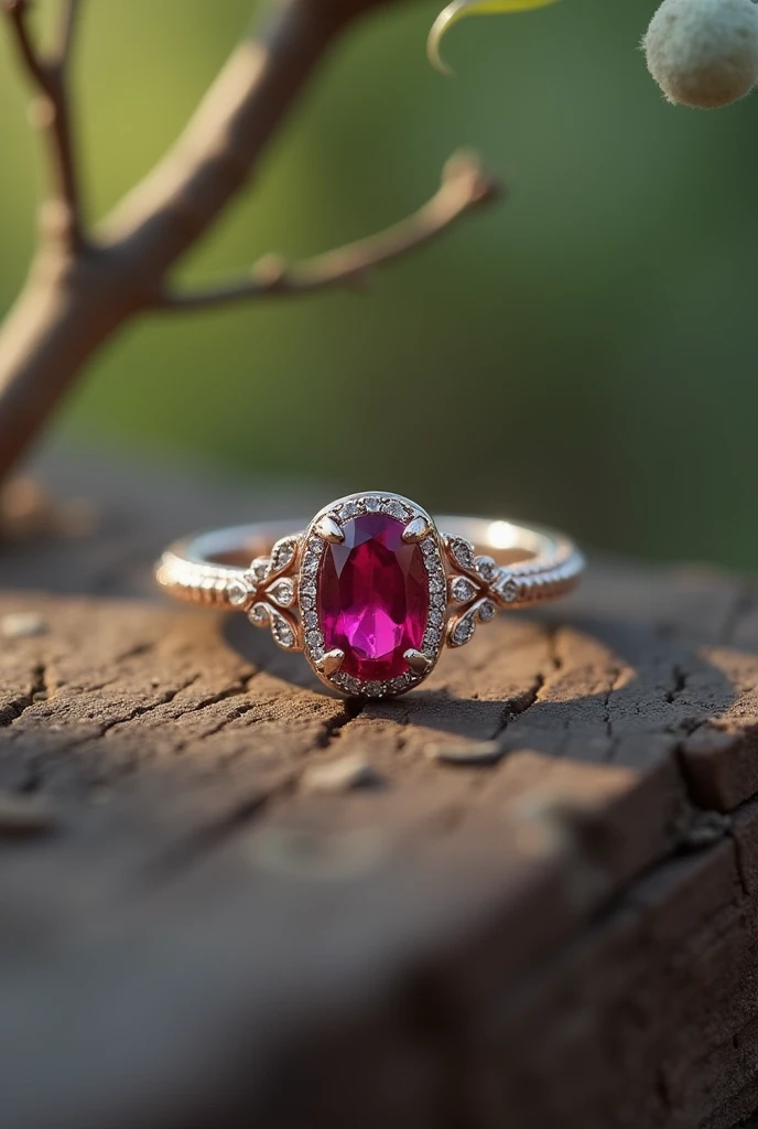 Thin engagement ring with laurel branches and stone, a ruby