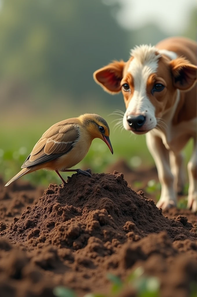 Suddenly the cow dung and the bird got buried in the dung and it could not fly and a dog came from the other side.