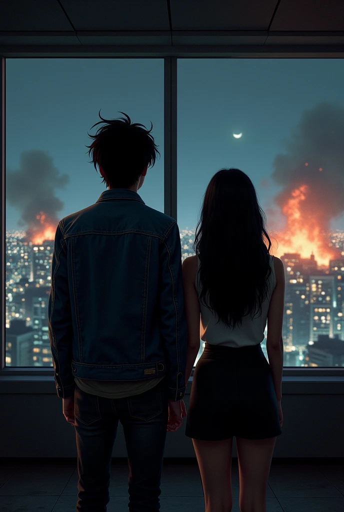 You can recreate an image like the last scene of "The Fight Club" Turning your back and facing a large window with a view of the night and the city, seeing a couple of explosions in the background, The only difference is that Marla is a girl with long black hair., and the narrator a boy with medium-long hair, black and cracked and a denim jacket.