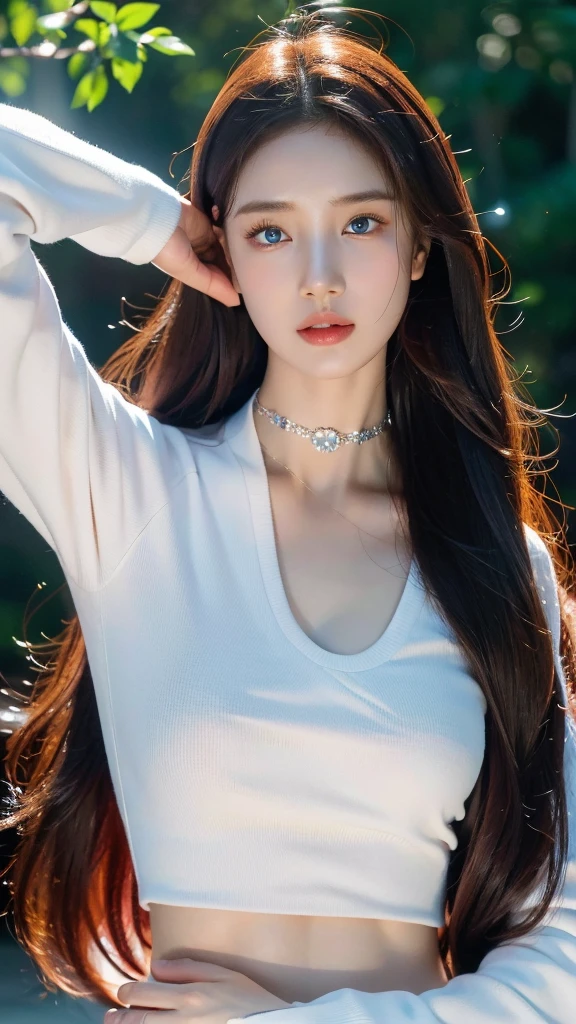 8k, Masterpiece, raw photos, best quality, realistic, Very detailed CG unity 8k wallpaper., depth of field, movie light, lens flare, Ray Tracing, (very beautiful face, beautiful lips, beautiful eyes), A face with intricate details, ((Extraordinarily detailed skin), รูปถ่ายของสาวสวย 1 คนbest quality, Ultra high resolution, (realistically:1.4),กิ๊บติดผมcute,1 girl,long red hair,cropped sweater ,Beautiful woman with a slender figure:1.4, Pronounced abdomen:1.4, on the island,A particularly detailed face,Exquisite eyes,Double eyelids,choker necklace,cute,blue eyes,Cropped waist,