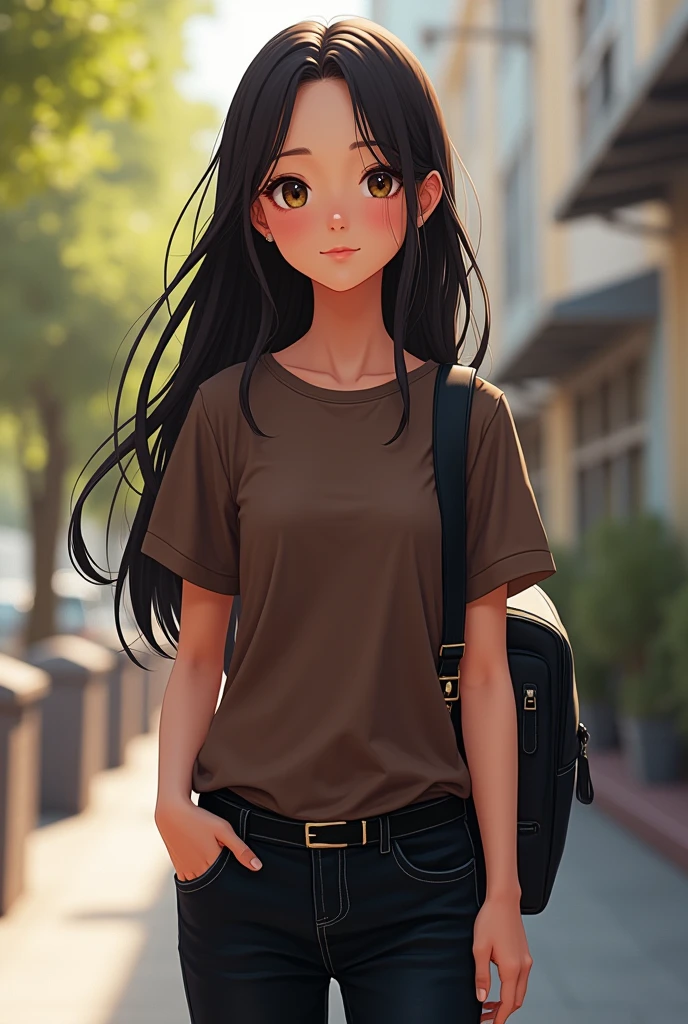 create a girl that wears semi-dark brown tshirt and black pants with school bag she has long hair also