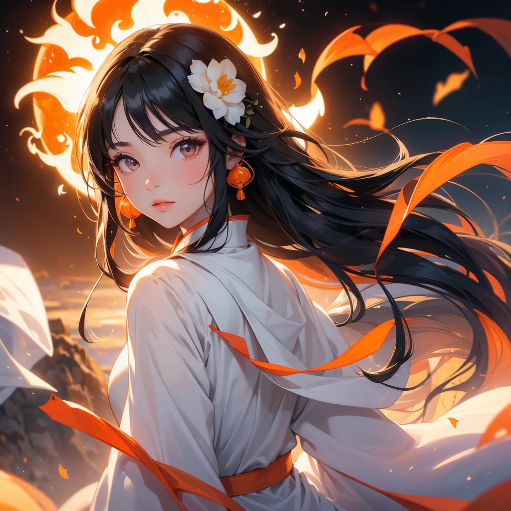 A beautiful girl with black long hair, wear white ancient chinese clothes, There are some floating clouds, with the sun shining on her face, close up.
Background is a volcano, lava erupting orange