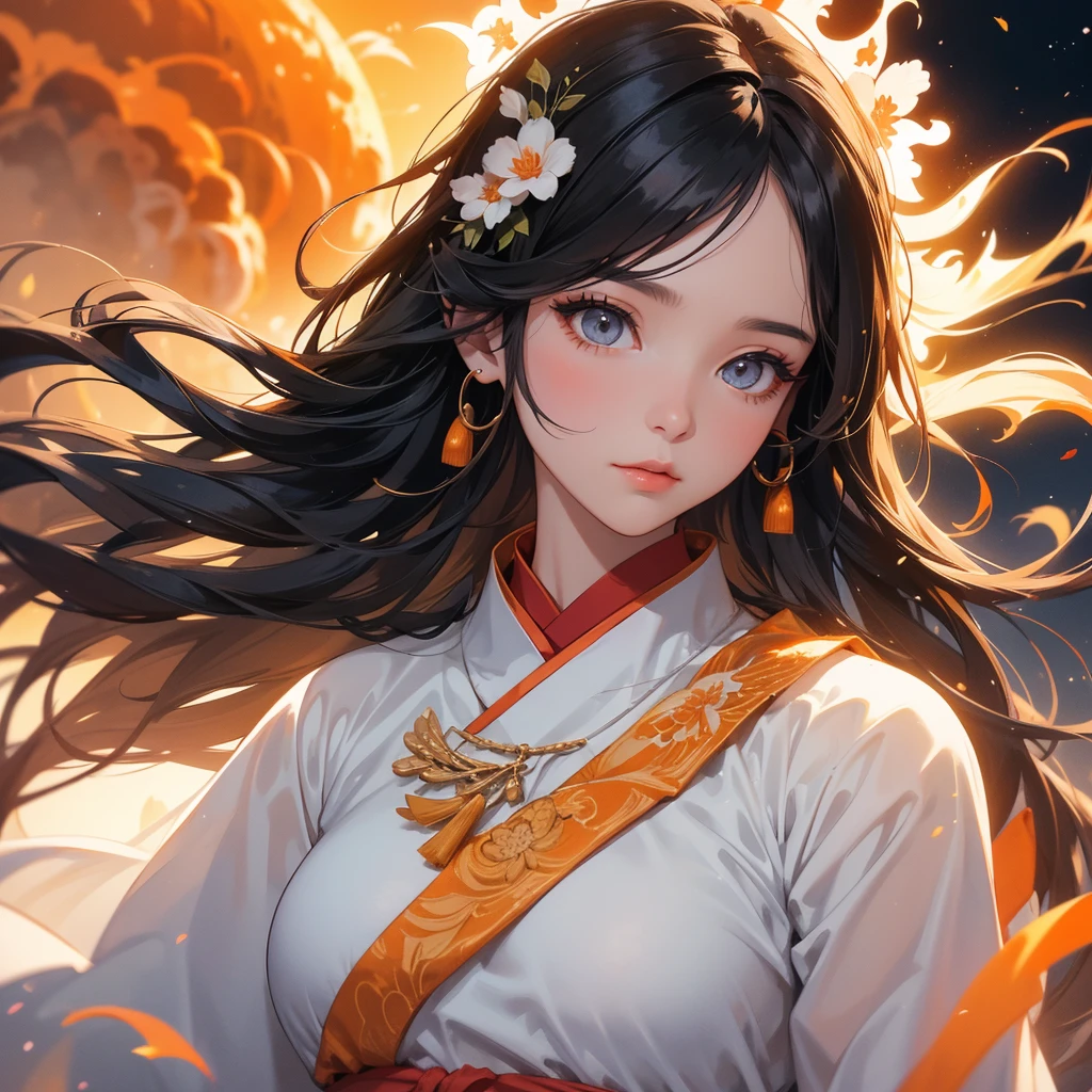 A beautiful girl with black long hair, wear white ancient chinese clothes, There are some floating clouds, with the sun shining on her face, close up.

Background is a volcano, lava erupting orange