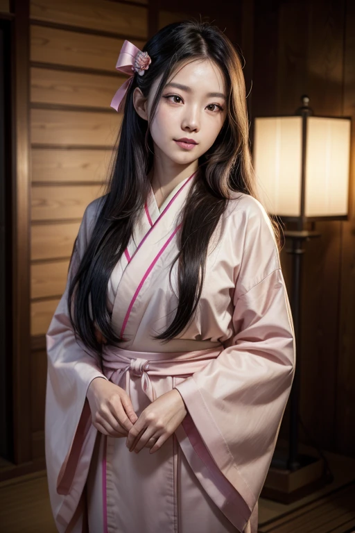 masterpiece, (Realistic:1.5), Realistic eyes, Asian woman, Highest quality, Beautiful lighting, Professional Lighting, Photon Mapping, Radio City, Physically Based Rendering,, kamado nezuko, One person, Black Hair, amount, hair ribbon, kimono, Open, kimono, Long Hair, Multicolored Hair, Open your mouth, Pink Eyes, pink kimono, pink ribbon, ribbon, smile, very Long Hair, null, ((Old age)),, (RAW Photos, 8K Ultra HD, Film Grain)