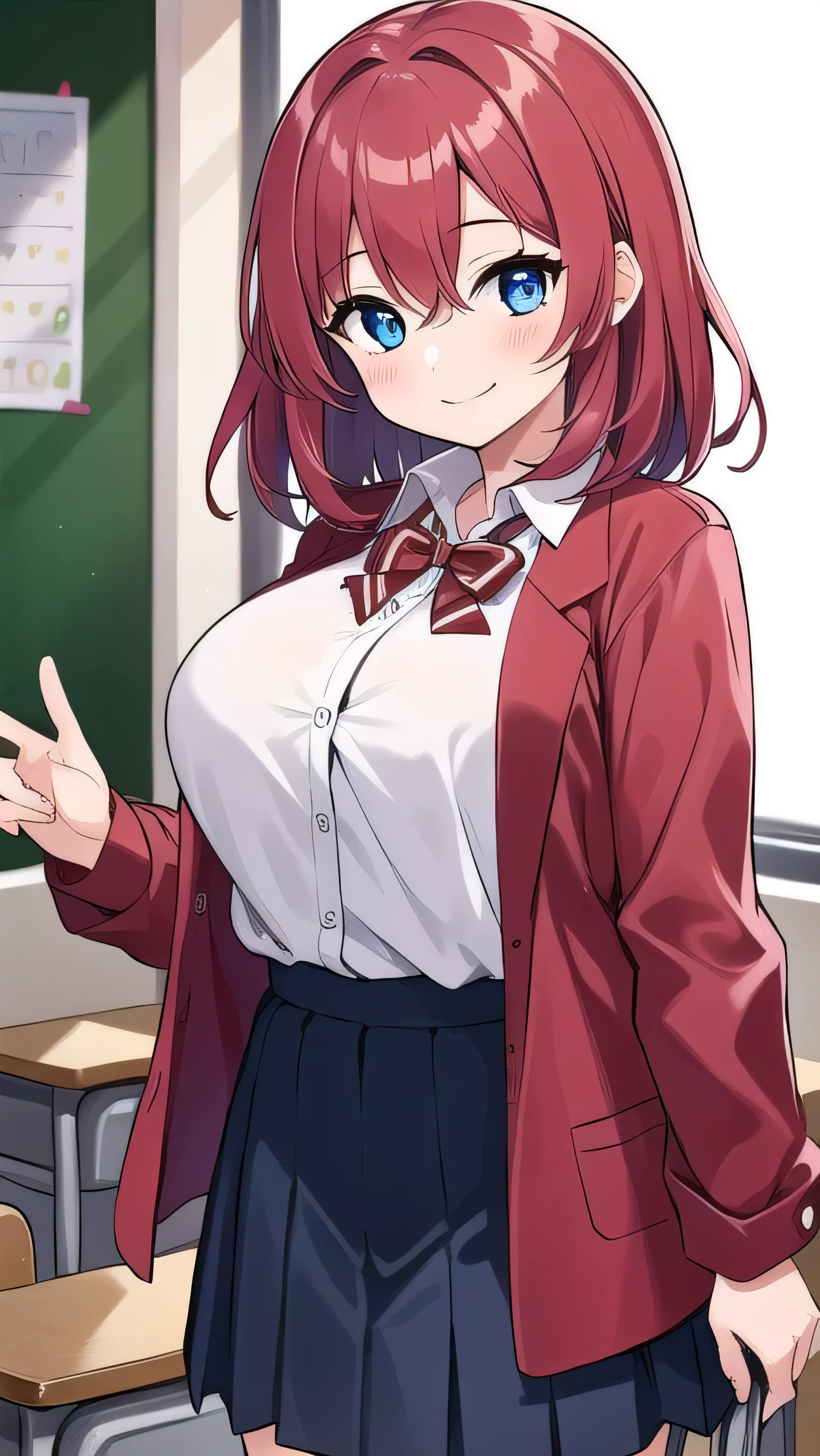 Big breasts, red hair, blue eyes, droopy eyes, red jacket, long sleeves, navy skirt, elementary school student, (super big breasts:1.1), (medium hair: 1), baggy clothes, elementary school student, young face, short height, , old, shy Agari, smiling a little, trying to unbutton his shirt in the classroom, white shirt, soft hair，(straight hair:1.2)  , gentle smile, a little smile ，