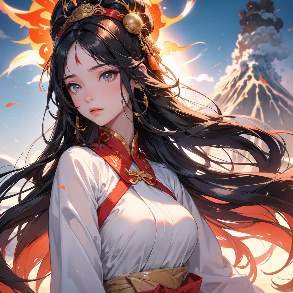 A beautiful girl with black long hair, wear white ancient chinese clothes, There are some floating clouds, with the sun shining on her face, close up.
Background is a volcano, lava erupting red
