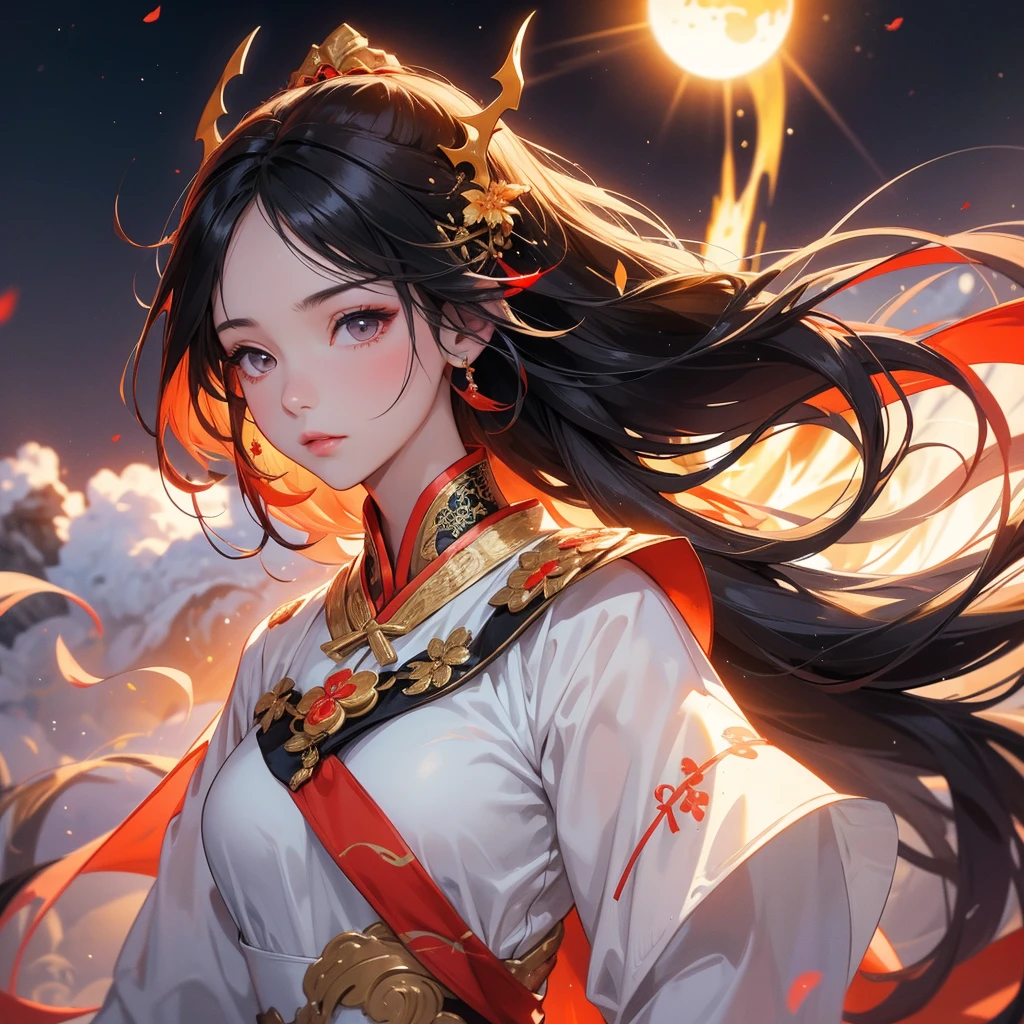 A beautiful girl with black long hair, wear white ancient chinese clothes, There are some floating clouds, with the sun shining on her face, close up.
Background is a volcano, lava erupting red