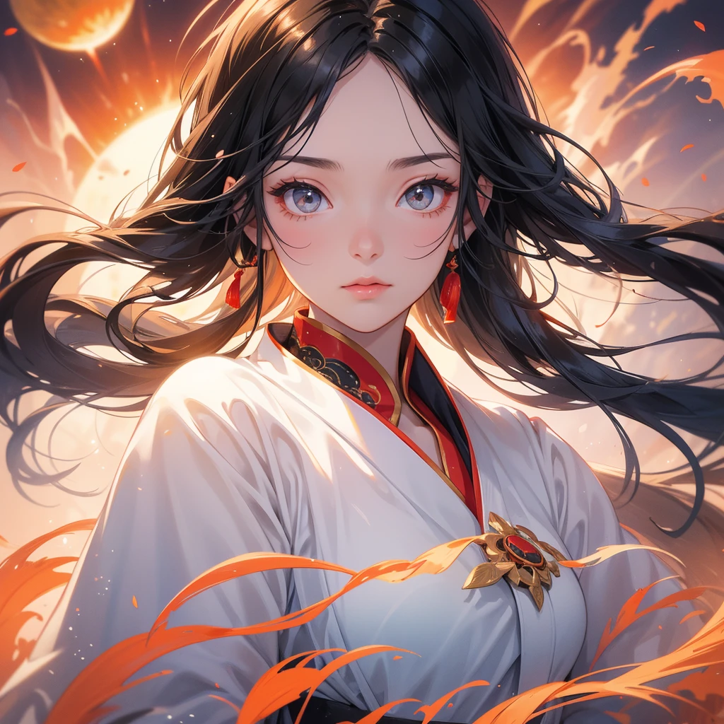 A beautiful girl with black long hair, wear white ancient chinese clothes, There are some floating clouds, with the sun shining on her face, close up.
Background is a volcano, lava erupting red