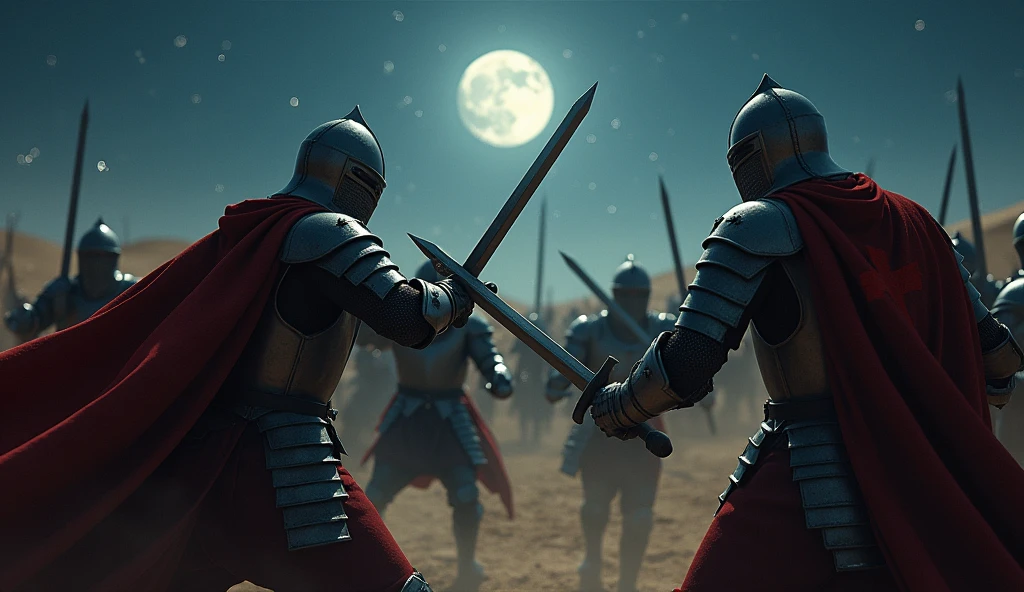A highly realistic, high-contrast, 8K HD, detailed, hyper-detailed image of a fierce battle taking place in a desert at night, where Crusader knights clad in steel armor with red crosses on their tunics are engaged in combat with knights bearing lion emblems on their armor. The moonlight casts a pale glow over the scene, illuminating the clash of swords and the determined expressions of the warriors. The desert sand is dark and cold under the night sky, with the silhouettes of dunes visible in the background. The Crusaders and lion-emblazoned knights are locked in a deadly struggle, their armor reflecting the silvery light of the moon. The atmosphere is tense and dramatic, with the stars shining above as these warriors fight with unyielding resolve. The image is of the highest quality, with ultra-high resolution, RAW photo quality, and Unreal Engine rendering, capturing the epic confrontation under the night sky.
